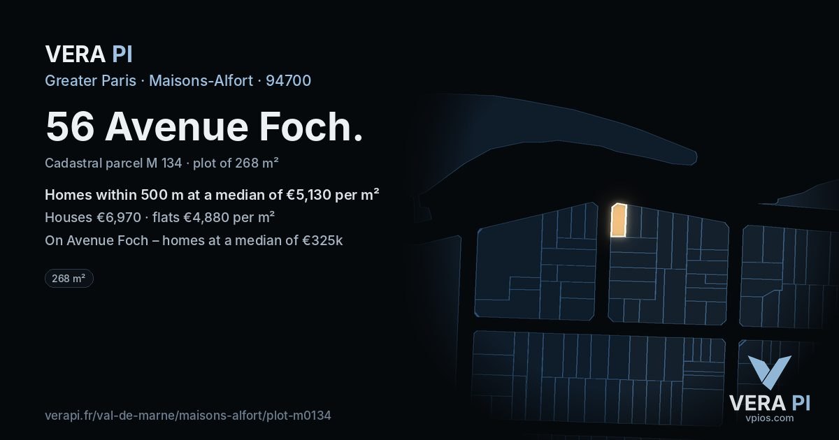 56 Avenue Foch, Maisons-Alfort at night – the plot lit, the parcels around coloured by the prices near them