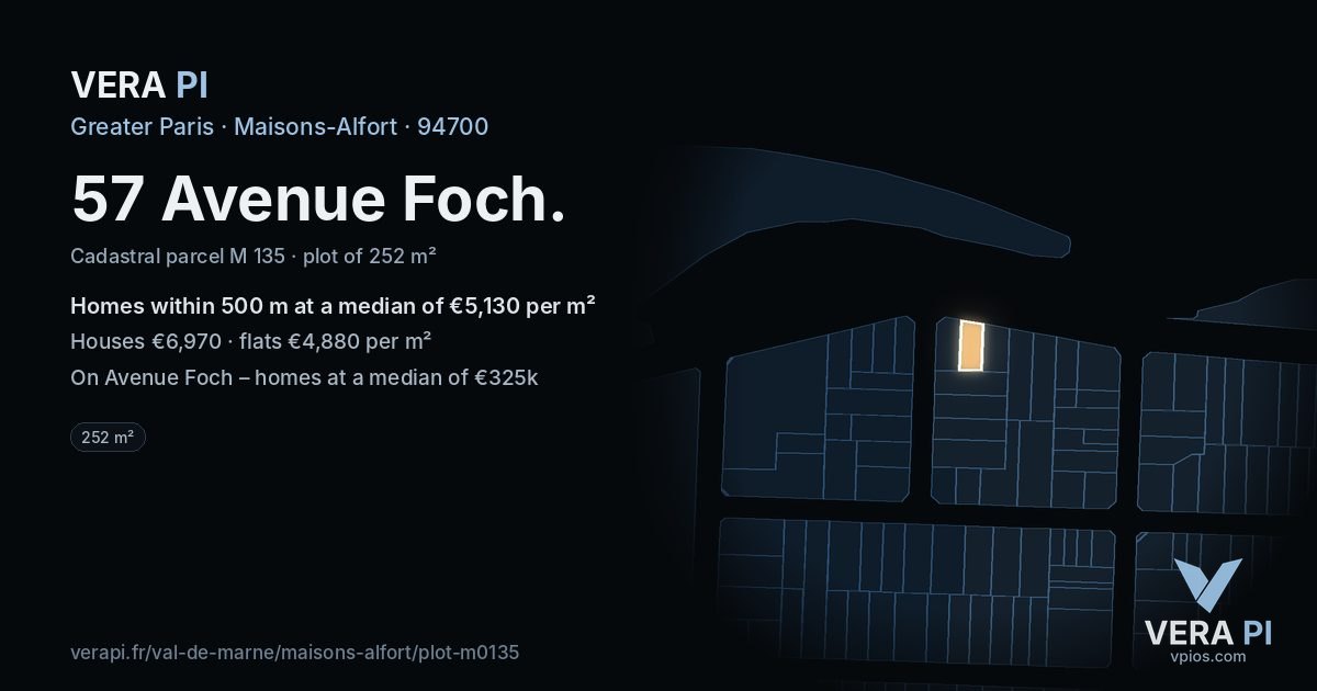 57 Avenue Foch, Maisons-Alfort at night – the plot lit, the parcels around coloured by the prices near them