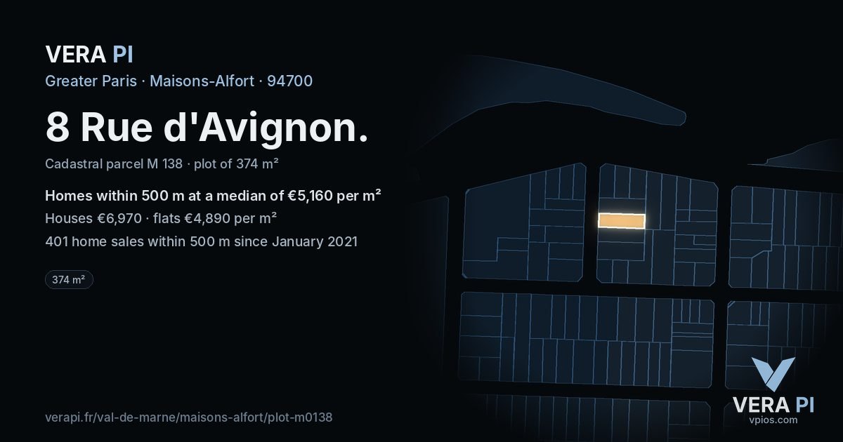 8 Rue d'Avignon, Maisons-Alfort at night – the plot lit, the parcels around coloured by the prices near them