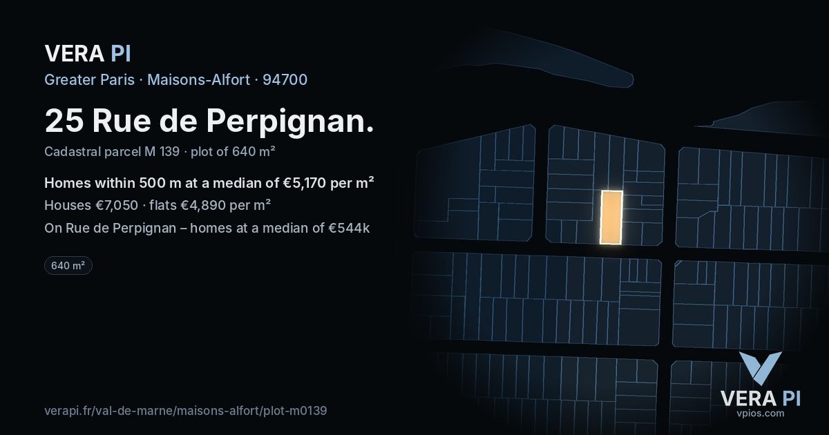 25 Rue de Perpignan, Maisons-Alfort at night – the plot lit, the parcels around coloured by the prices near them