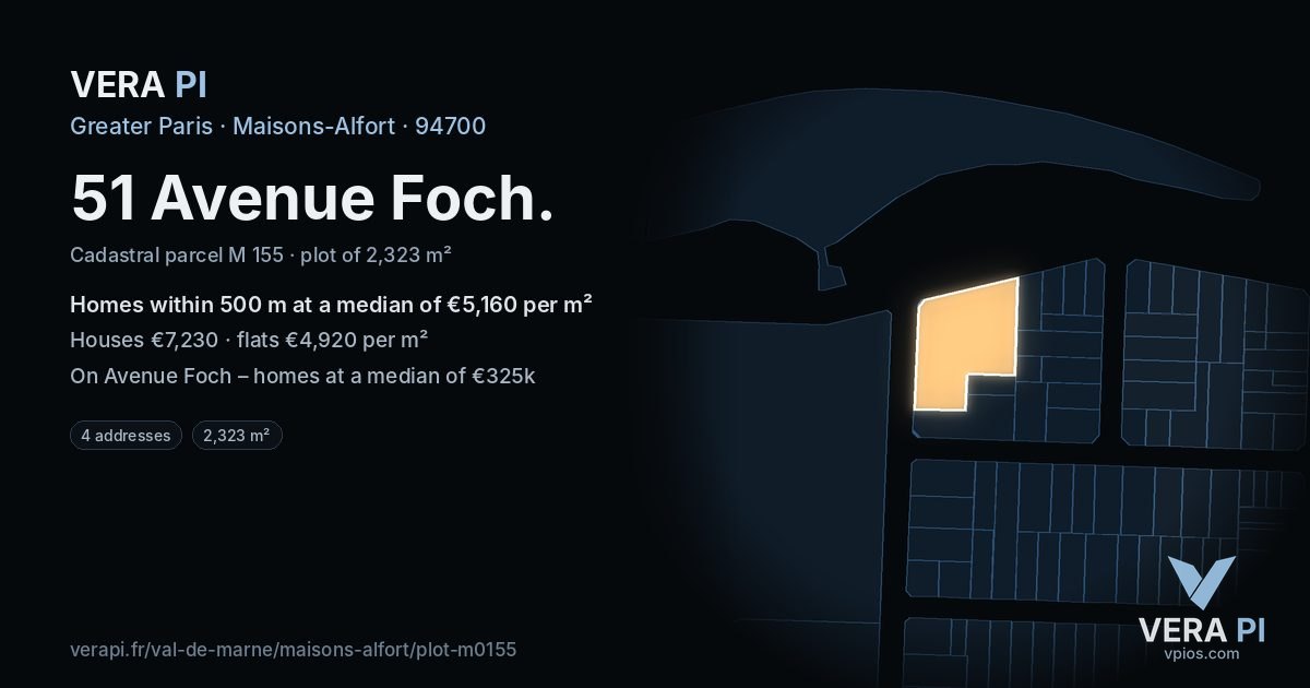 51 Avenue Foch, Maisons-Alfort at night – the plot lit, the parcels around coloured by the prices near them