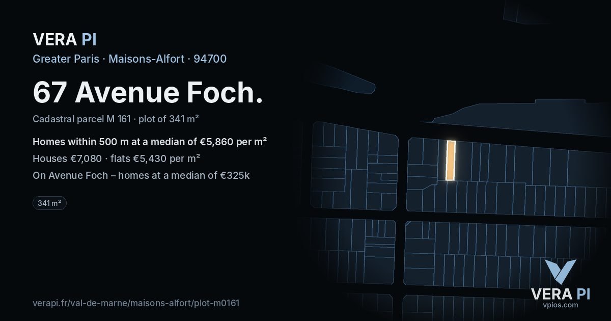 67 Avenue Foch, Maisons-Alfort at night – the plot lit, the parcels around coloured by the prices near them