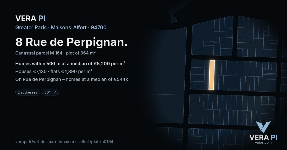 8 Rue de Perpignan, Maisons-Alfort at night – the plot lit, the parcels around coloured by the prices near them