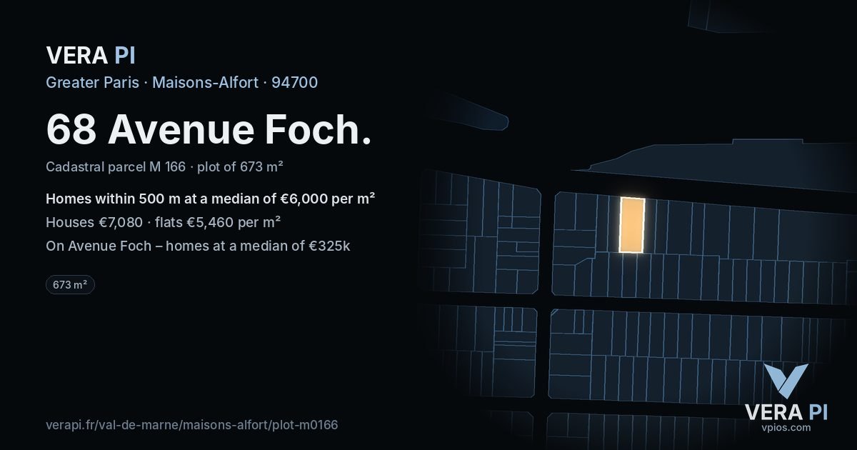 68 Avenue Foch, Maisons-Alfort at night – the plot lit, the parcels around coloured by the prices near them