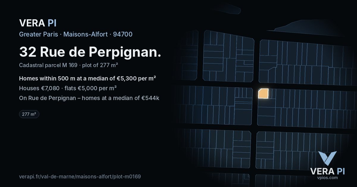 32 Rue de Perpignan, Maisons-Alfort at night – the plot lit, the parcels around coloured by the prices near them
