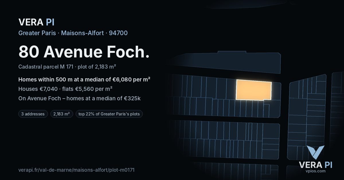 80 Avenue Foch, Maisons-Alfort at night – the plot lit, the parcels around coloured by the prices near them