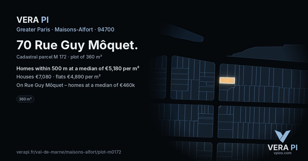 70 Rue Guy Môquet, Maisons-Alfort at night – the plot lit, the parcels around coloured by the prices near them
