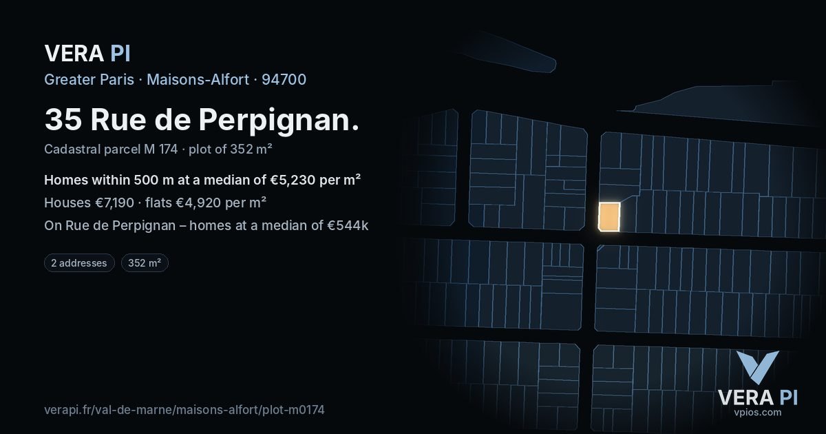 35 Rue de Perpignan, Maisons-Alfort at night – the plot lit, the parcels around coloured by the prices near them