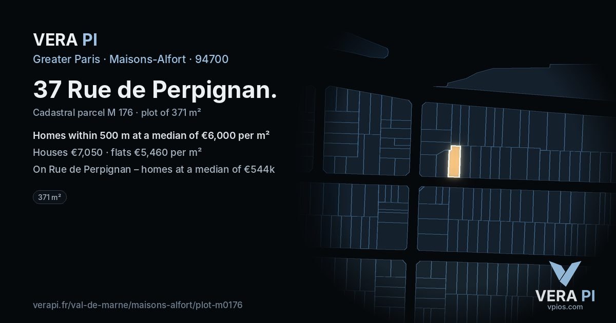 37 Rue de Perpignan, Maisons-Alfort at night – the plot lit, the parcels around coloured by the prices near them