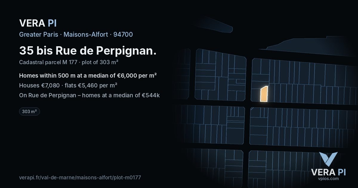 35 bis Rue de Perpignan, Maisons-Alfort at night – the plot lit, the parcels around coloured by the prices near them