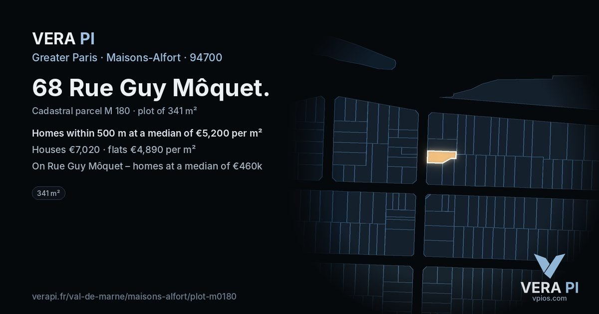 68 Rue Guy Môquet, Maisons-Alfort at night – the plot lit, the parcels around coloured by the prices near them