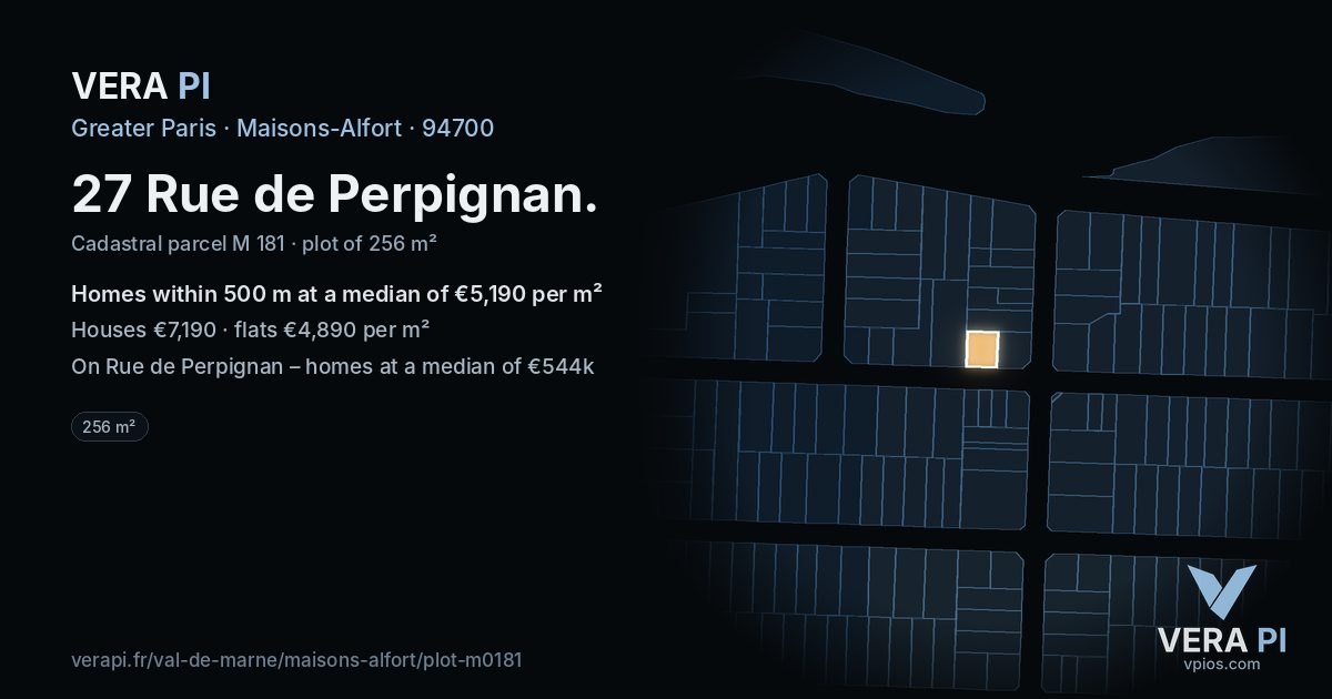 27 Rue de Perpignan, Maisons-Alfort at night – the plot lit, the parcels around coloured by the prices near them