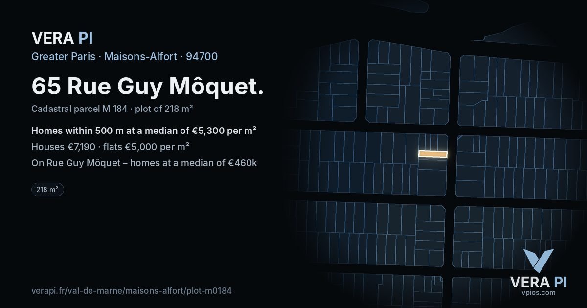 65 Rue Guy Môquet, Maisons-Alfort at night – the plot lit, the parcels around coloured by the prices near them