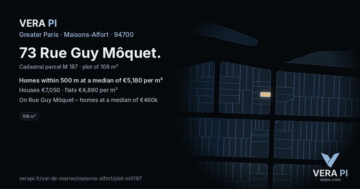 73 Rue Guy Môquet, Maisons-Alfort at night – the plot lit, the parcels around coloured by the prices near them