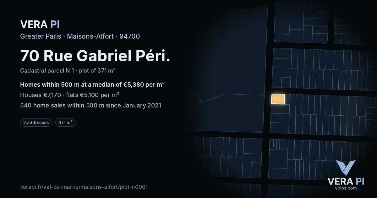 70 Rue Gabriel Péri, Maisons-Alfort at night – the plot lit, the parcels around coloured by the prices near them