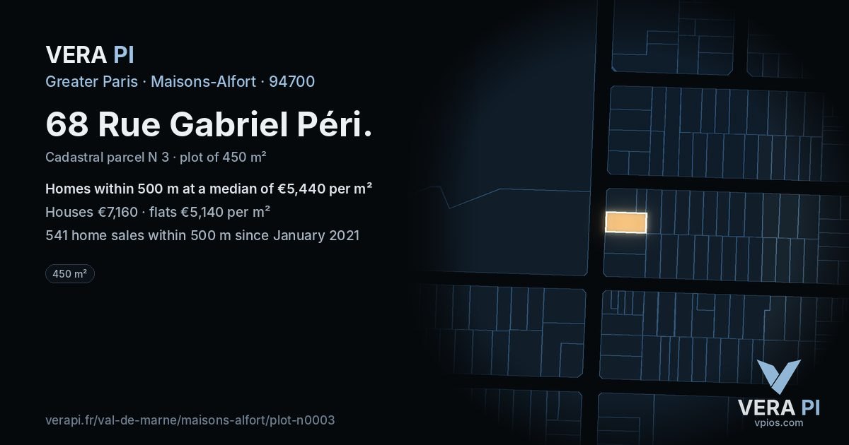 68 Rue Gabriel Péri, Maisons-Alfort at night – the plot lit, the parcels around coloured by the prices near them