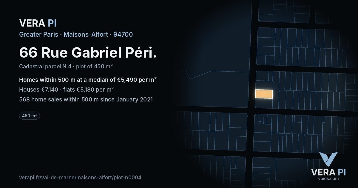 66 Rue Gabriel Péri, Maisons-Alfort at night – the plot lit, the parcels around coloured by the prices near them
