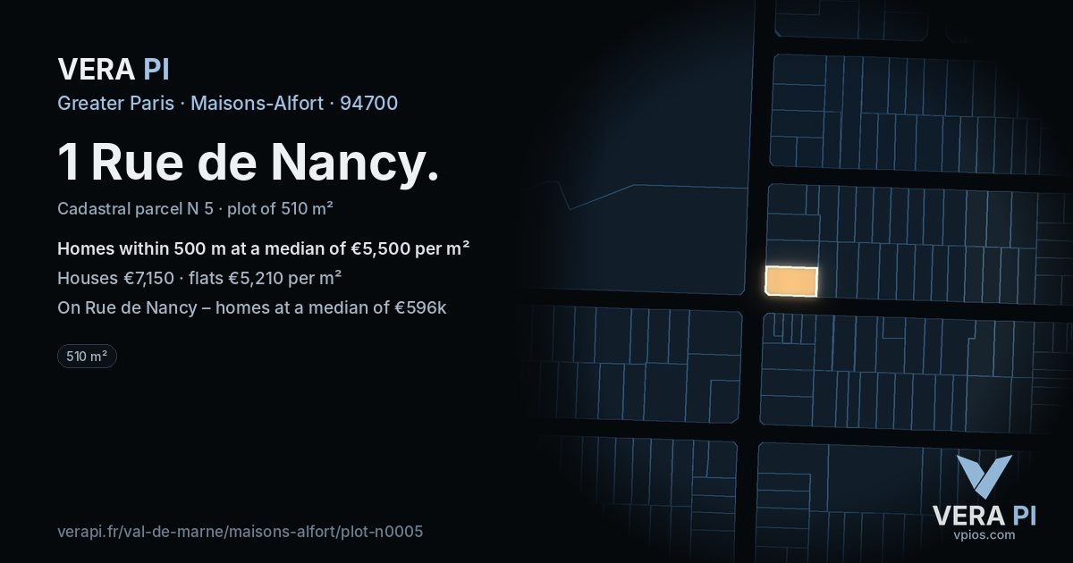 1 Rue de Nancy, Maisons-Alfort at night – the plot lit, the parcels around coloured by the prices near them
