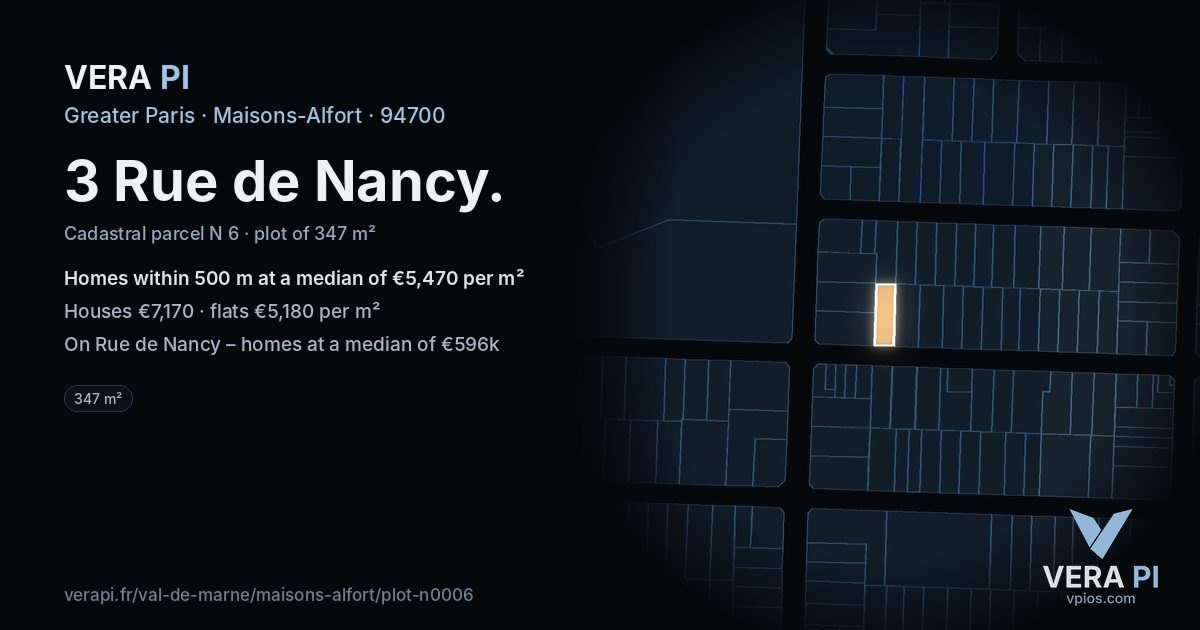 3 Rue de Nancy, Maisons-Alfort at night – the plot lit, the parcels around coloured by the prices near them