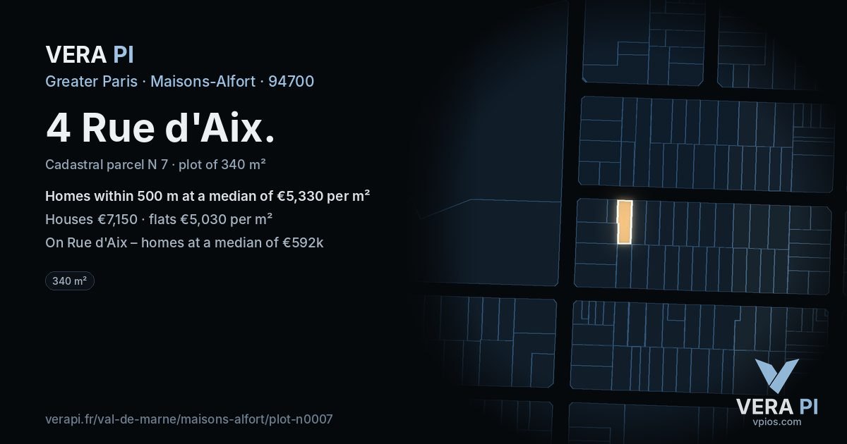 4 Rue d'Aix, Maisons-Alfort at night – the plot lit, the parcels around coloured by the prices near them
