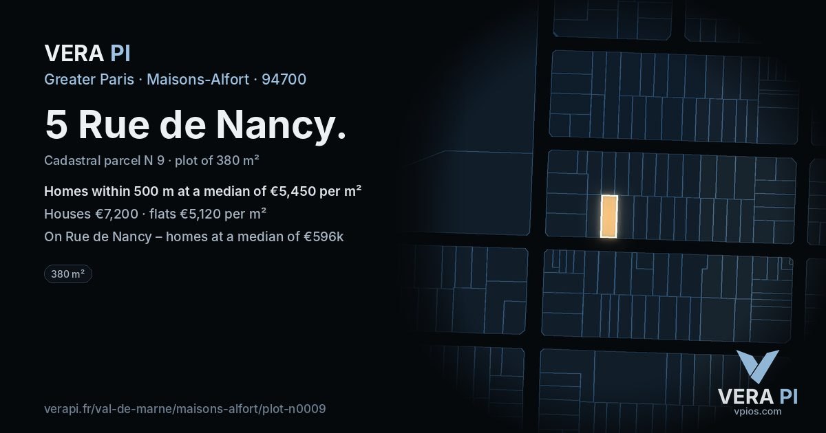 5 Rue de Nancy, Maisons-Alfort at night – the plot lit, the parcels around coloured by the prices near them