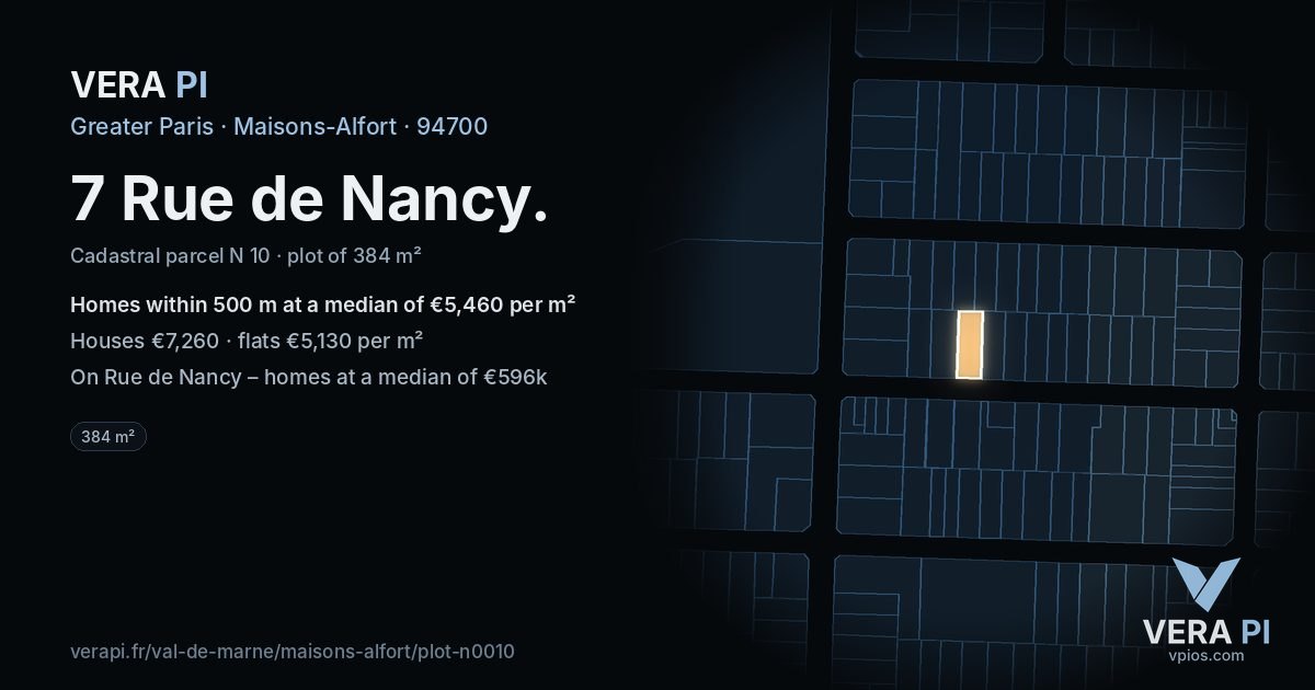 7 Rue de Nancy, Maisons-Alfort at night – the plot lit, the parcels around coloured by the prices near them