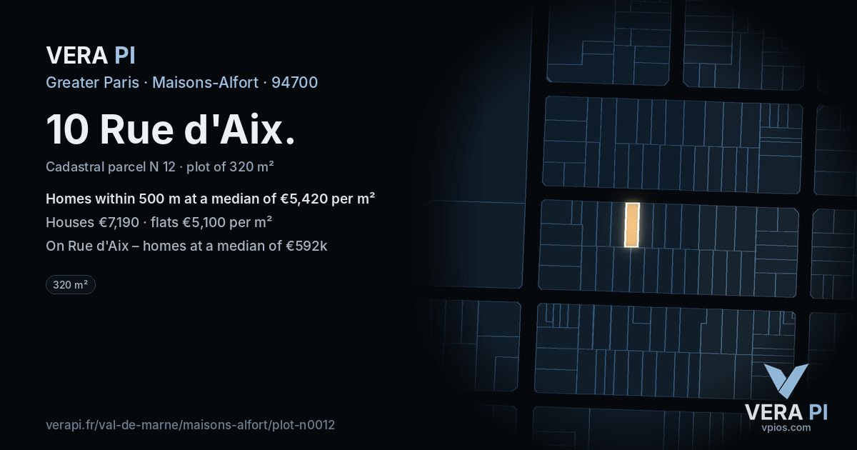 10 Rue d'Aix, Maisons-Alfort at night – the plot lit, the parcels around coloured by the prices near them