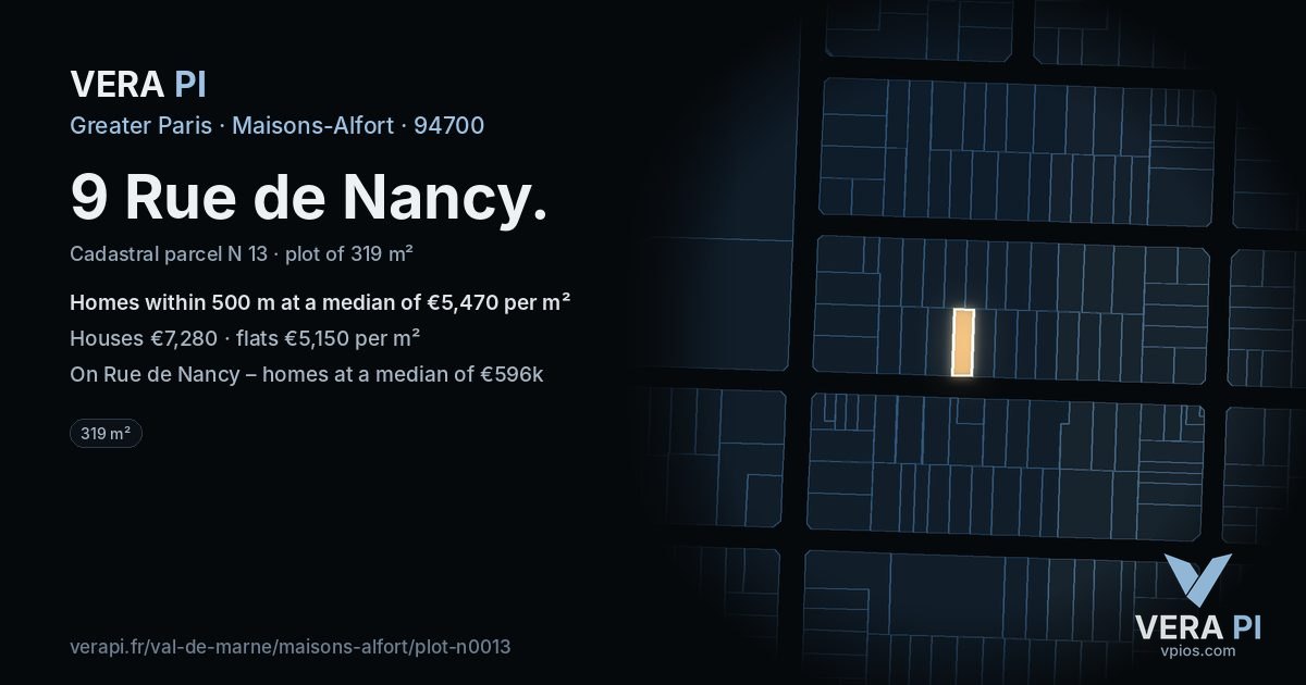 9 Rue de Nancy, Maisons-Alfort at night – the plot lit, the parcels around coloured by the prices near them