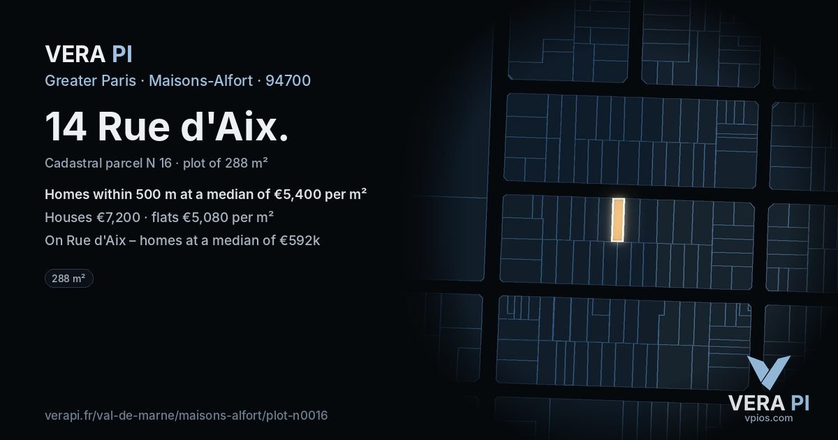 14 Rue d'Aix, Maisons-Alfort at night – the plot lit, the parcels around coloured by the prices near them