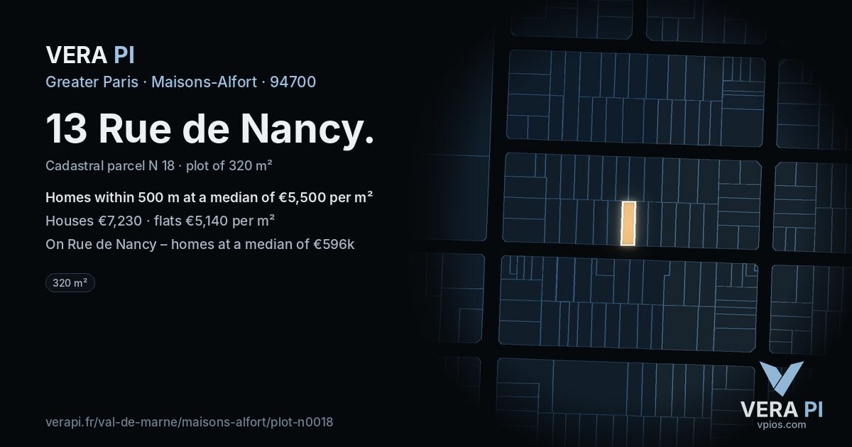 13 Rue de Nancy, Maisons-Alfort at night – the plot lit, the parcels around coloured by the prices near them