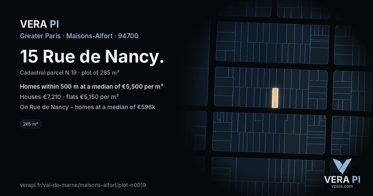 15 Rue de Nancy, Maisons-Alfort at night – the plot lit, the parcels around coloured by the prices near them