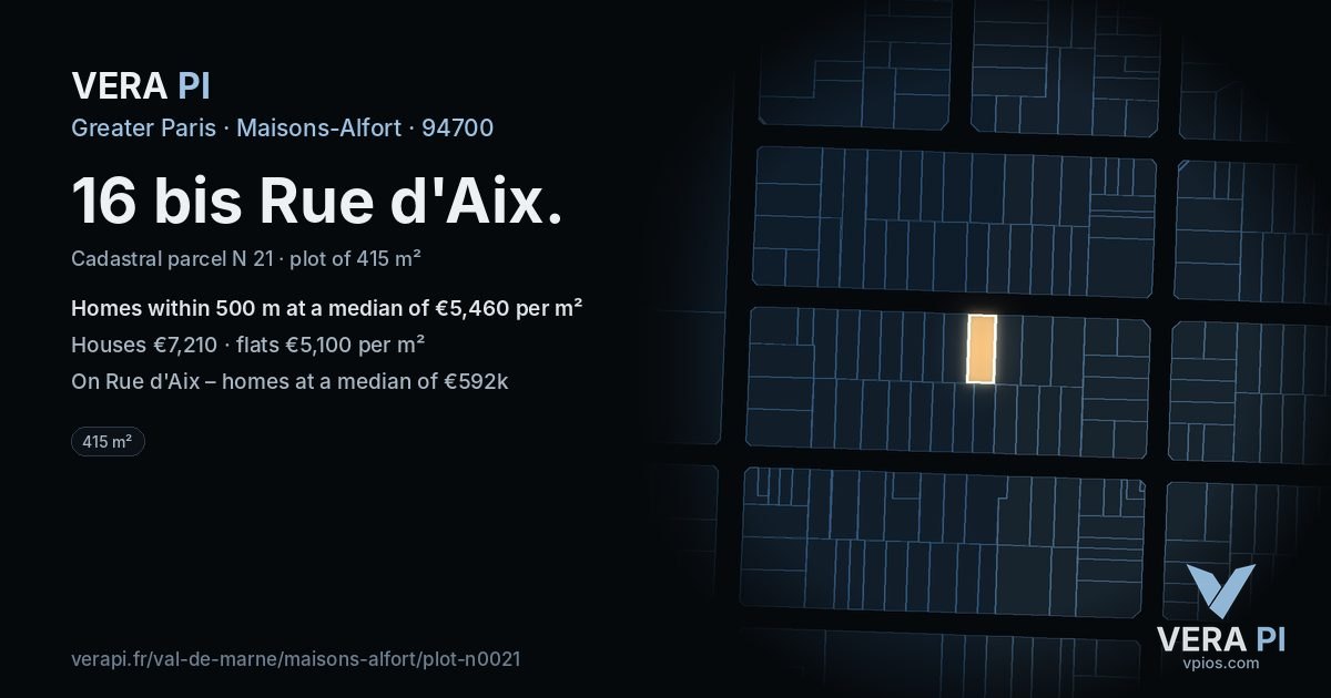 16 bis Rue d'Aix, Maisons-Alfort at night – the plot lit, the parcels around coloured by the prices near them