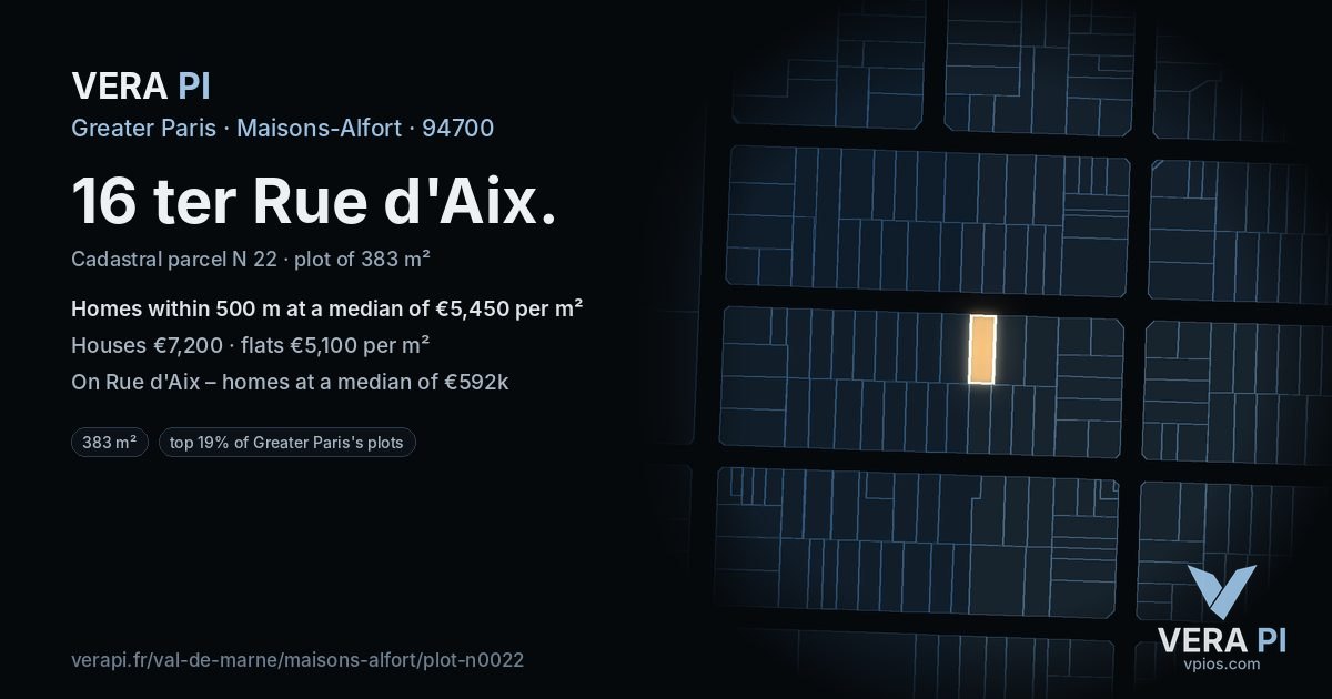 16 ter Rue d'Aix, Maisons-Alfort at night – the plot lit, the parcels around coloured by the prices near them