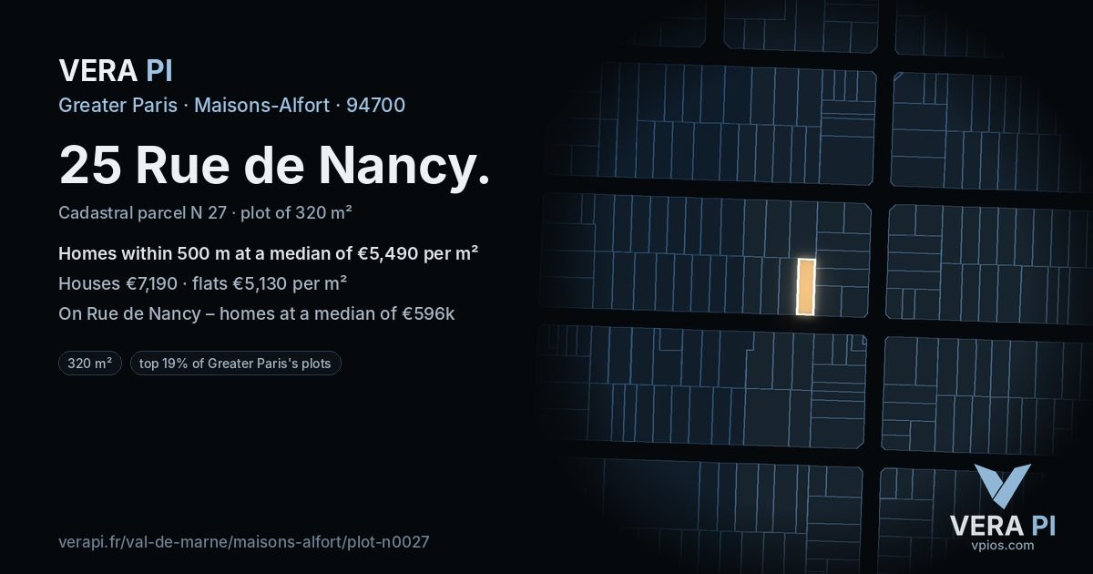25 Rue de Nancy, Maisons-Alfort at night – the plot lit, the parcels around coloured by the prices near them