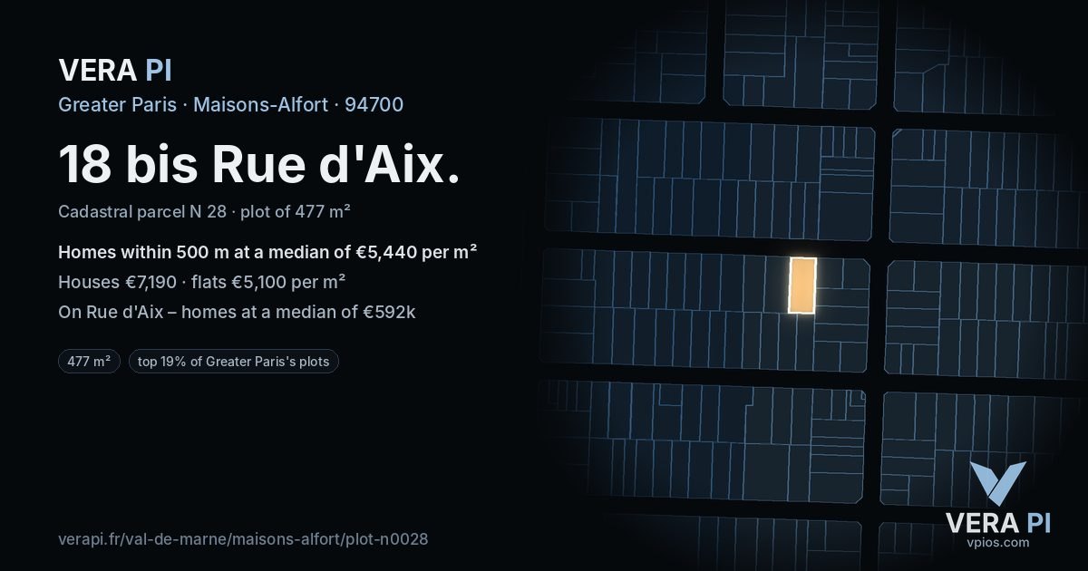 18 bis Rue d'Aix, Maisons-Alfort at night – the plot lit, the parcels around coloured by the prices near them