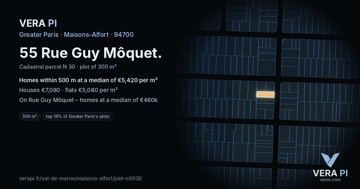 55 Rue Guy Môquet, Maisons-Alfort at night – the plot lit, the parcels around coloured by the prices near them