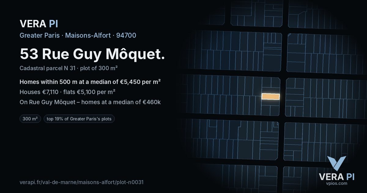 53 Rue Guy Môquet, Maisons-Alfort at night – the plot lit, the parcels around coloured by the prices near them