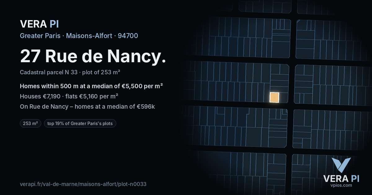 27 Rue de Nancy, Maisons-Alfort at night – the plot lit, the parcels around coloured by the prices near them