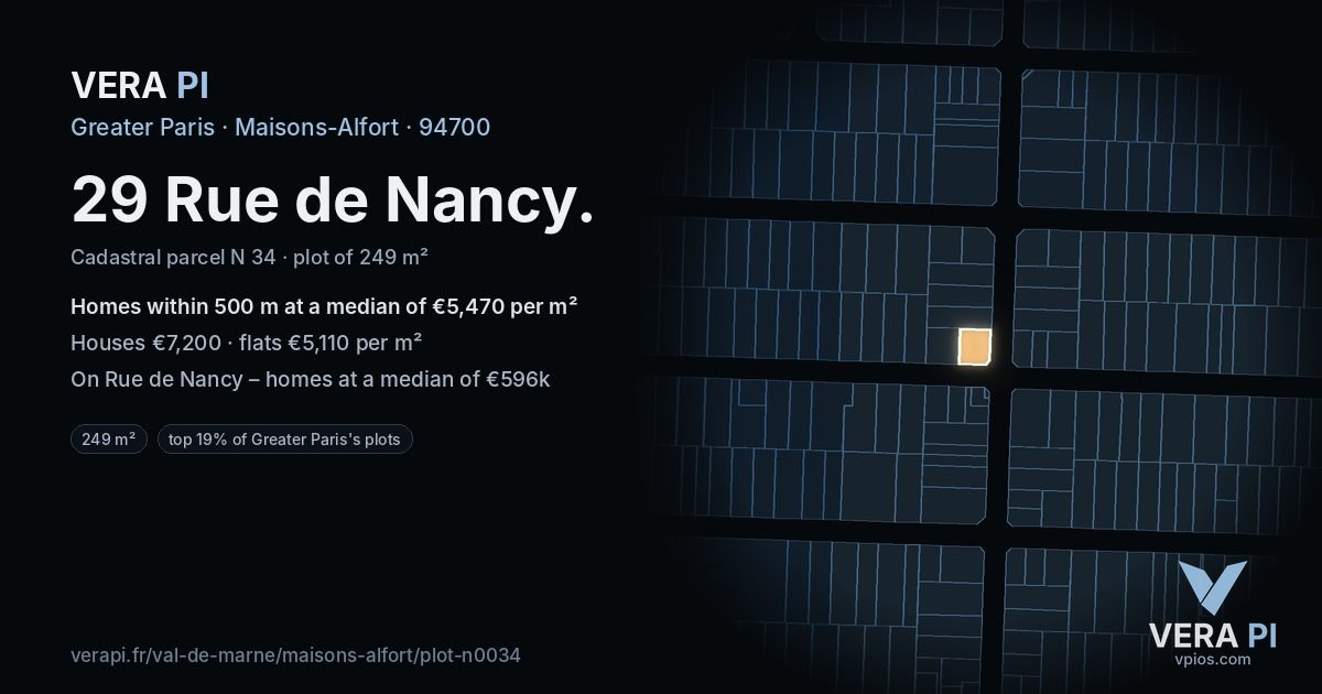 29 Rue de Nancy, Maisons-Alfort at night – the plot lit, the parcels around coloured by the prices near them