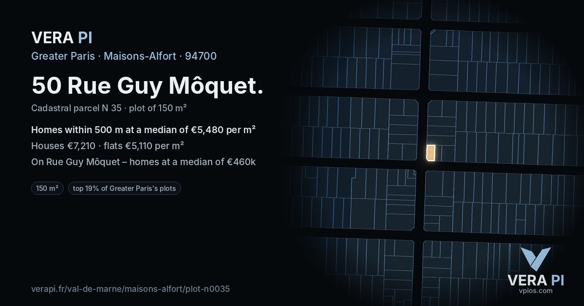 50 Rue Guy Môquet, Maisons-Alfort at night – the plot lit, the parcels around coloured by the prices near them