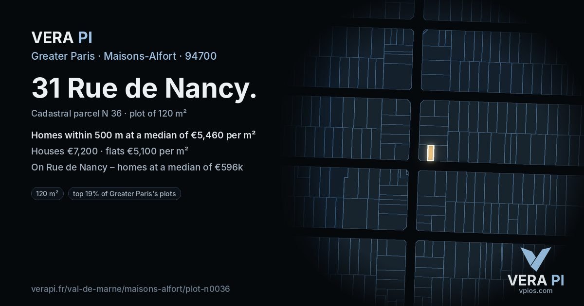 31 Rue de Nancy, Maisons-Alfort at night – the plot lit, the parcels around coloured by the prices near them