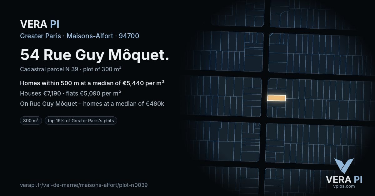 54 Rue Guy Môquet, Maisons-Alfort at night – the plot lit, the parcels around coloured by the prices near them