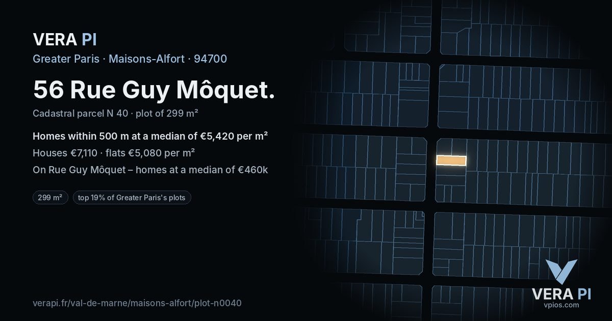 56 Rue Guy Môquet, Maisons-Alfort at night – the plot lit, the parcels around coloured by the prices near them
