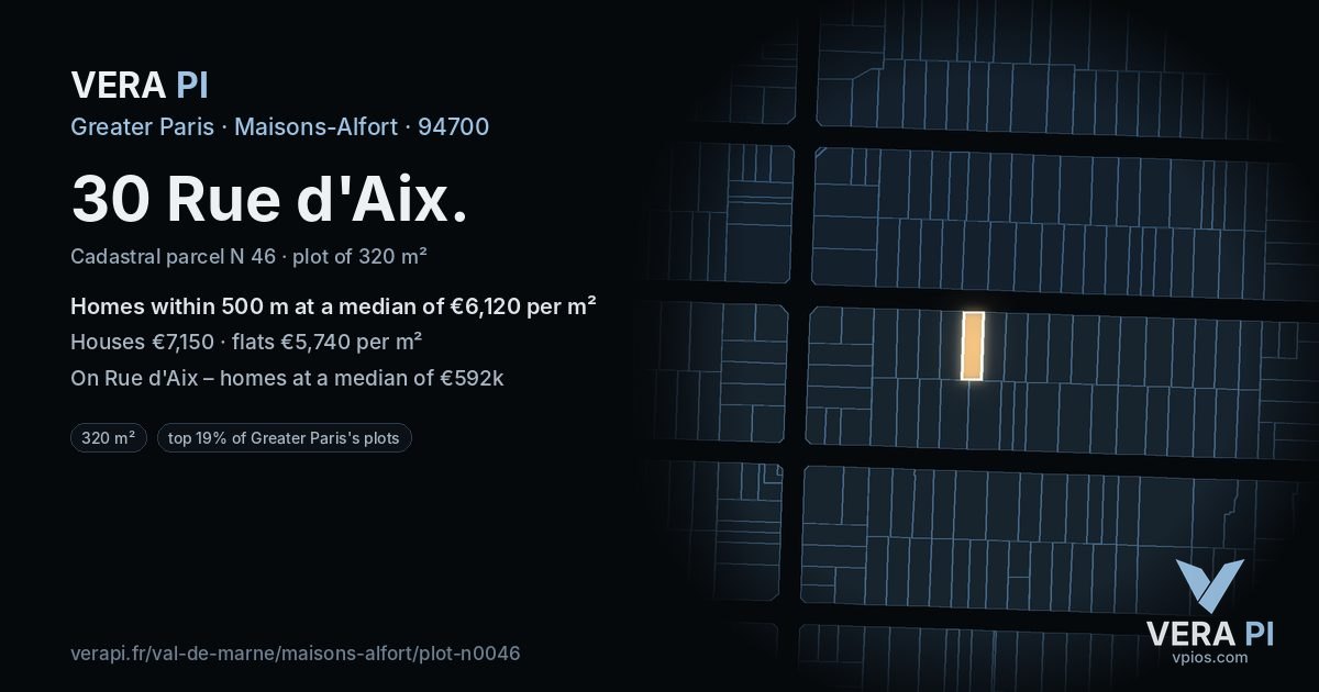 30 Rue d'Aix, Maisons-Alfort at night – the plot lit, the parcels around coloured by the prices near them