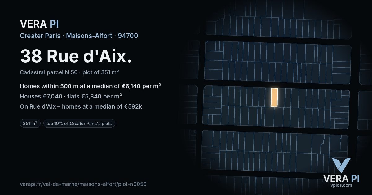 38 Rue d'Aix, Maisons-Alfort at night – the plot lit, the parcels around coloured by the prices near them