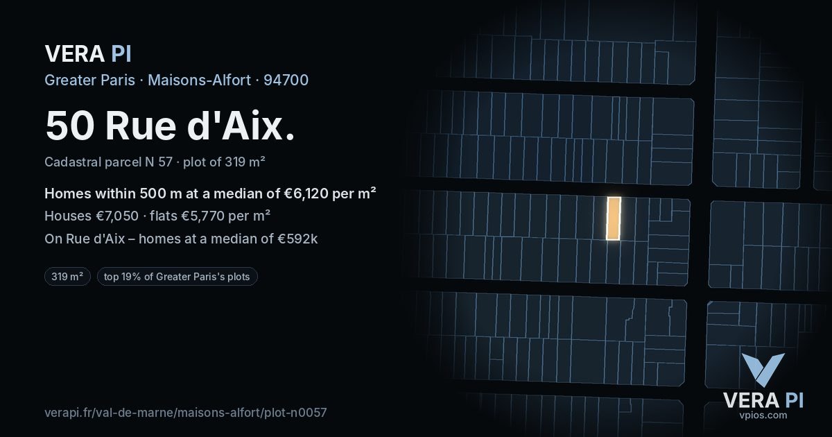 50 Rue d'Aix, Maisons-Alfort at night – the plot lit, the parcels around coloured by the prices near them