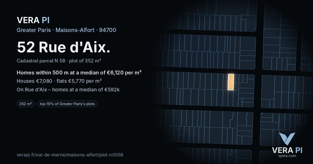 52 Rue d'Aix, Maisons-Alfort at night – the plot lit, the parcels around coloured by the prices near them