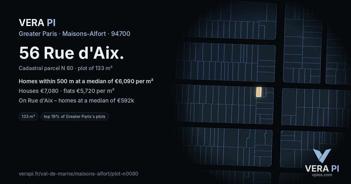 56 Rue d'Aix, Maisons-Alfort at night – the plot lit, the parcels around coloured by the prices near them