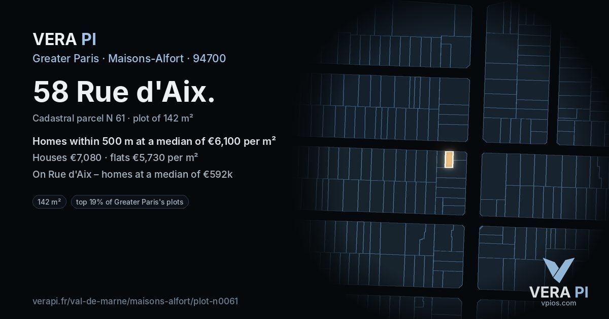 58 Rue d'Aix, Maisons-Alfort at night – the plot lit, the parcels around coloured by the prices near them