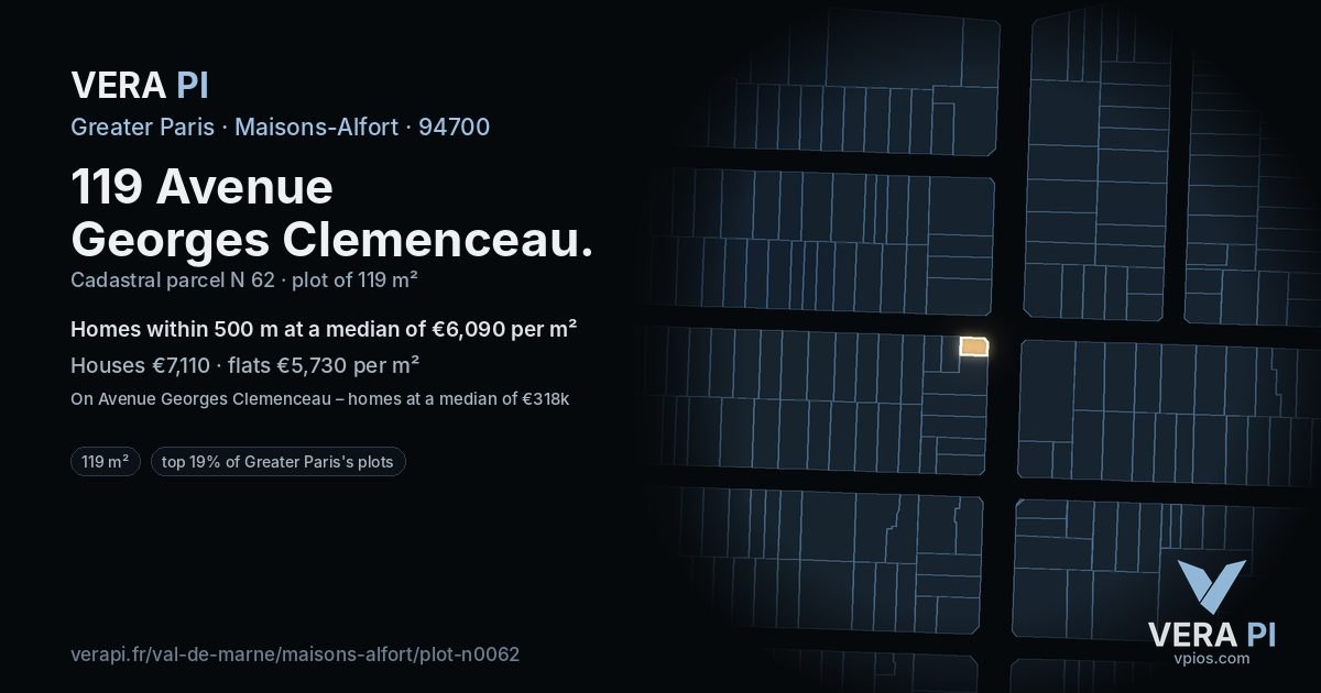 119 Avenue Georges Clemenceau, Maisons-Alfort at night – the plot lit, the parcels around coloured by the prices near them